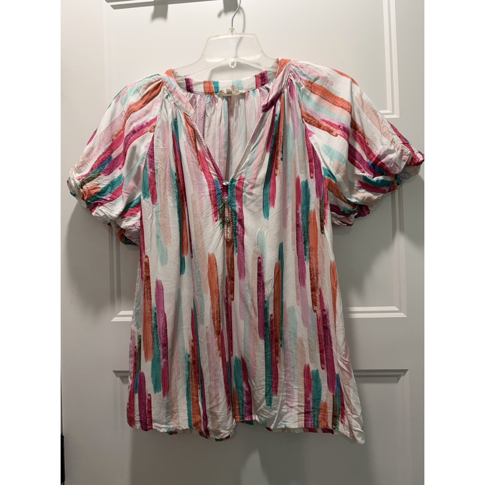 Entro Watercolor Stripe Puff Sleeve Blouse Womens Small S Boho Peasant Top